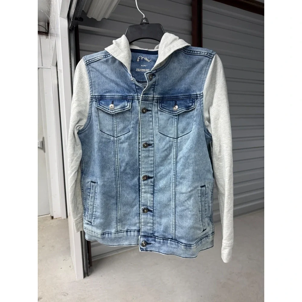 Art Class Boys XL 14 Denim Jacket Hoodie Blue Medium Wash Grey Knit Sleeves